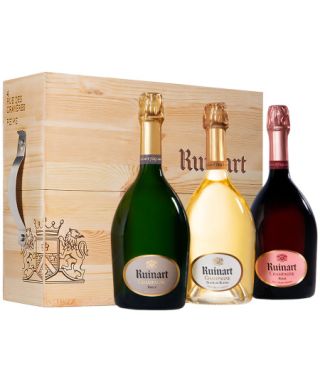 Champagne Ruinart Coffret Cave Urbaine : 1x Ruinart Blanc de Blanc, 1x R de Ruinart Brut, 1x Ruinart Rosé Caisse Bois d'Origine de 3 (3x75cl) 